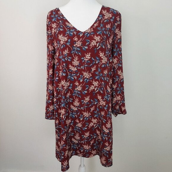 Madewell Floral Burgundy Button Back Long Sleeve Dress - Picture 1 of 14